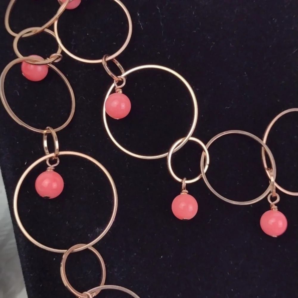 Dainty Gold Ring Chain Link Hoop & Coral Peachy Beads Necklace